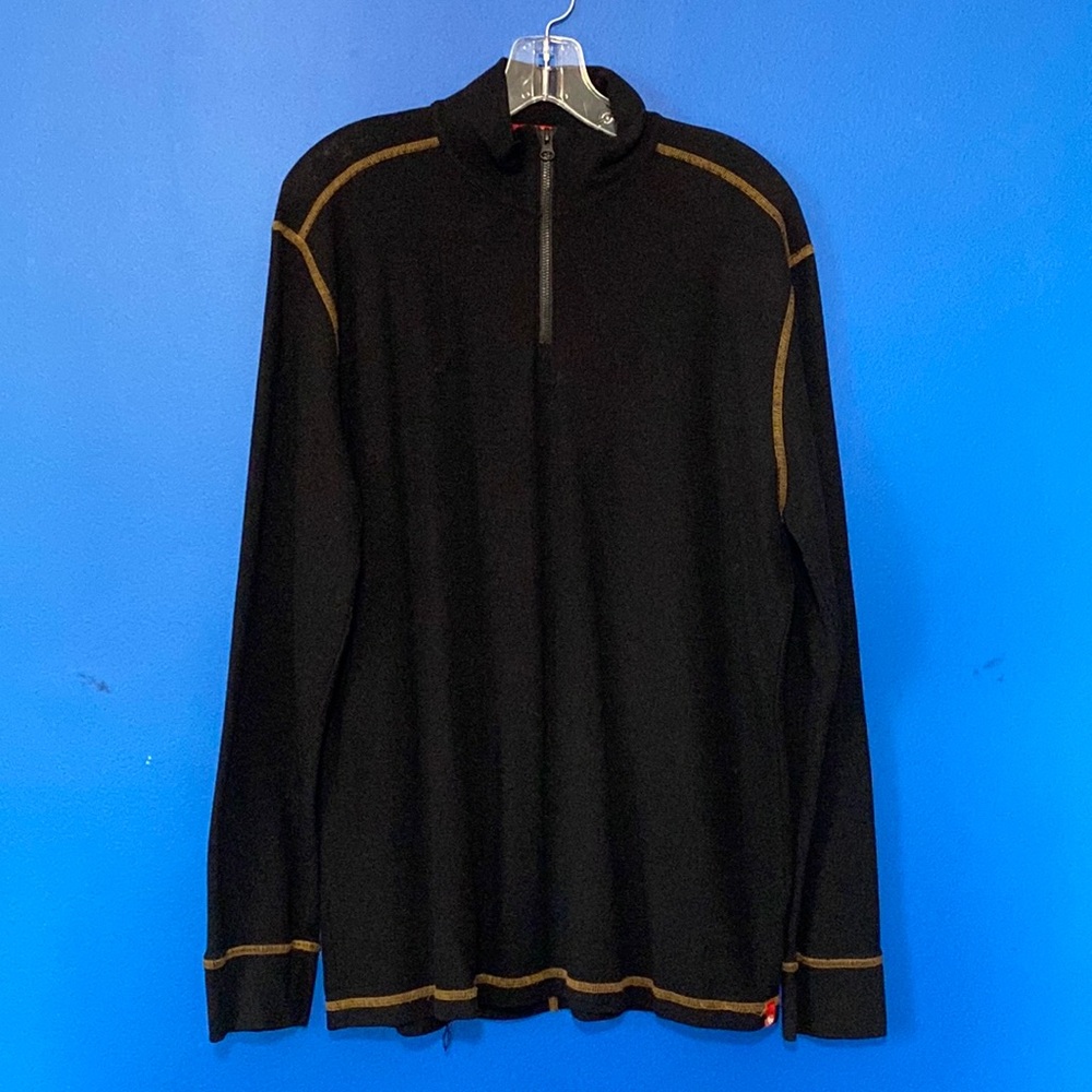 Men’s AGAVE Black Knit Long Sleeve Quarter Zip Pullover w Tan Topstitching Sz XL